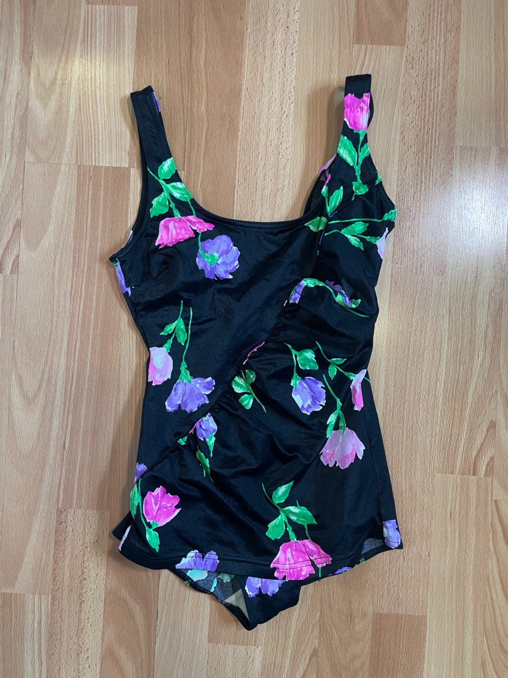 Vintage Floral Black Scoop Neck Bathing Suit